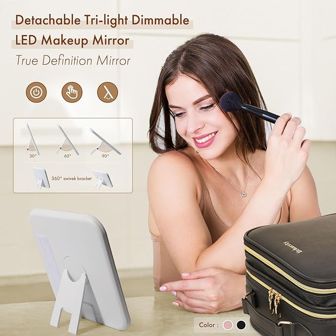 Behaesty Travel Makeup Bag with LED Mirror Double Layer, Detachable Vanity Mirror with Lights, Tri-light Dimmable, Makeup Case with Adjustable Dividers and Brush Holder Cosmetic Organizer Storage Box
