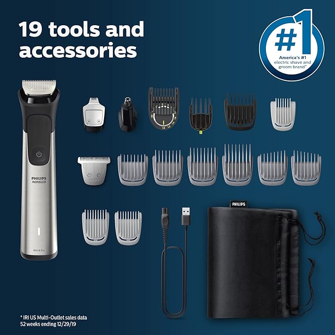 Norelco Philips Multigroom 7000 Series, All-in-One Trimmer, Beard Trimmer and Hair Clipper, 19-Piece Men's Grooming Kit for Beard, Head, Hair, Body, and Face, Soft Pouch, MG7910/49