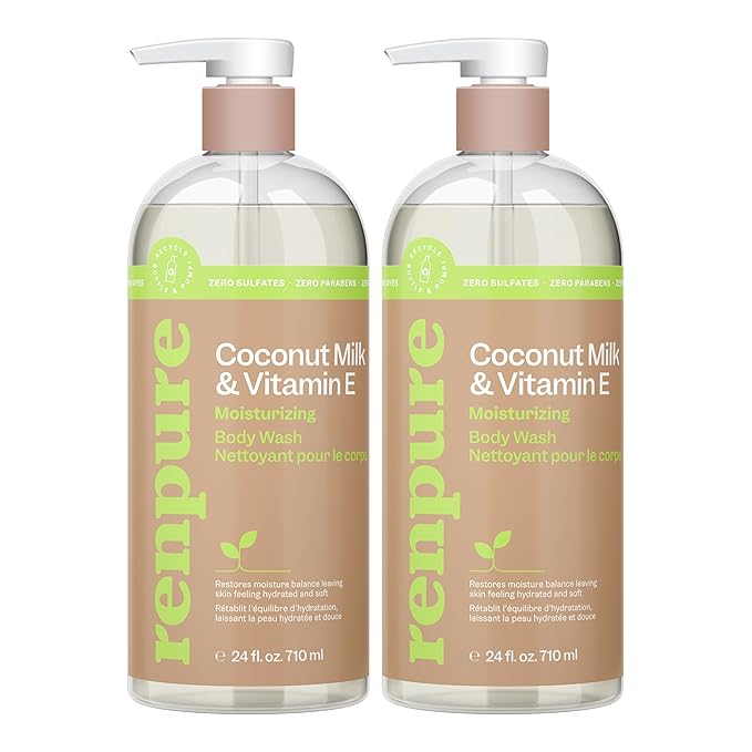 Renpure Coconut Milk & Vitamin E Moisturizing Body Wash - Gently Cleanses & Restores Moisture Balance - For Soft, Hydrated & Healthy-Looking Skin - With Coconut Oil & Vitamin E - 24 Fl Oz, 2 Pack