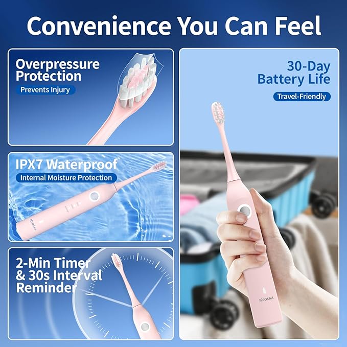 Sonic Vibrating Toothbrush with Pressure Sensor, Pink Electric Toothbrush with 8 Brush Heads, 3 Modes, 33000VPM, 2-Min Timer, One Charge Lasts for 30 Days, 3D Rounded Soft Bristles, IPX7 Waterproof