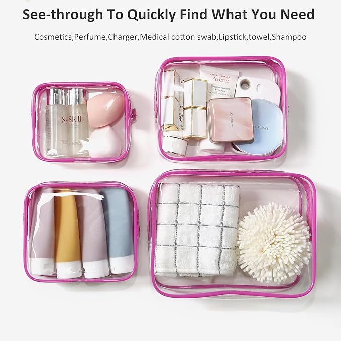 4 Pack Clear Toiletry Bags, Portable Travel Makeup Pouch with Zipper, TSA Approved Organizer, Clear Pouch Bags Compatible With Bogg Bag Divider Accessories (Pink, Pack of 8)