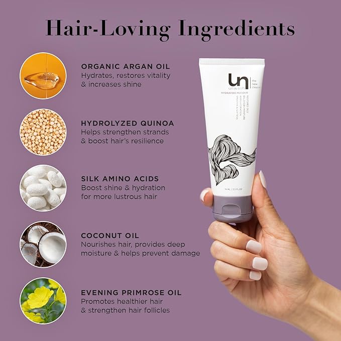 Unwash Hydrating Hair Masque - Deep Conditioning & Restorative Hair Treatment for Damaged, Dry & Colored Hair, Sulfate & Paraben Free, Made w/Argan and Coconut Oils, 2.5 fl oz