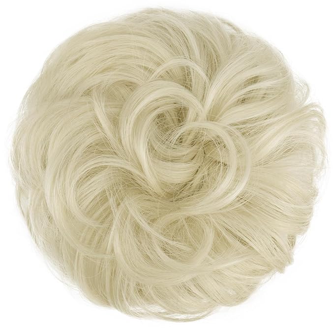 FESHFEN Messy Bun Hair Piece - Large Elastic Wavy Curly Hair Bun Scrunchies Ponytail Extensions Synthetic Chignon Hairpieces for Women, Platinum Blonde 1.94oz