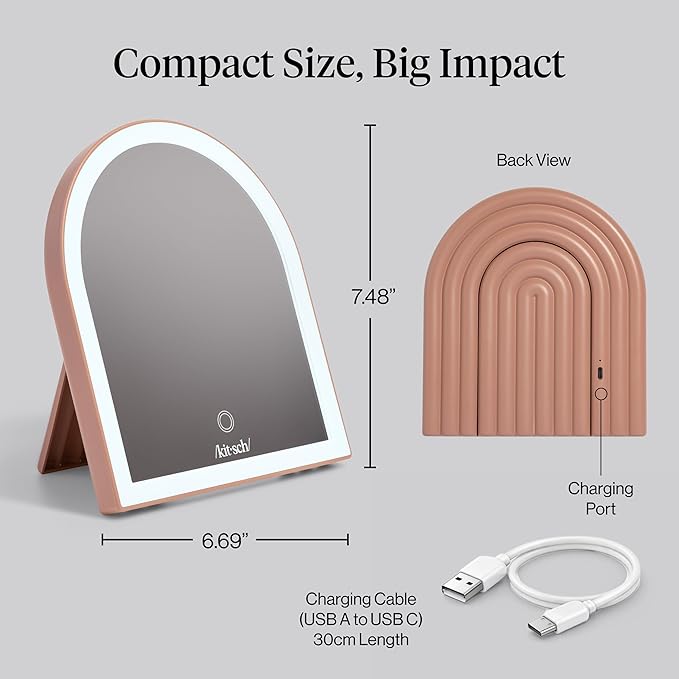 Kitsch Arch Desk Vanity Mirror with Lights, LED Makeup Surface, Touch Sensor Dimmable Warm Neutral Cool Glow, Rechargeable Desk Mirror with Kickstand for Travel - Terracotta