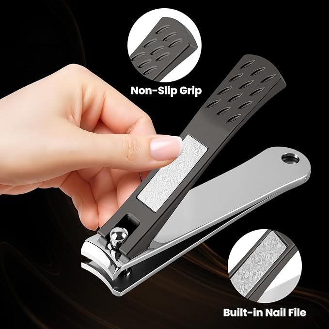 Nail Clippers Set, Curved Fingernail Clipper for Men Women Adult, Ultra Sharp Stainless Steel Fingernail & Toenail Clippers for Thick Nails (Black)