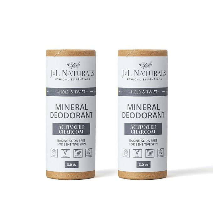 J&L Naturals Mineral Deodorant | Baking Soda-Free, 100% Natural, Sustainable Skin Care | Sensitive Deodorant For Women & Men | Aluminum Free, Vegan, Cruelty-Free (Activated Charcoal, 3 Oz (Pack of 2))