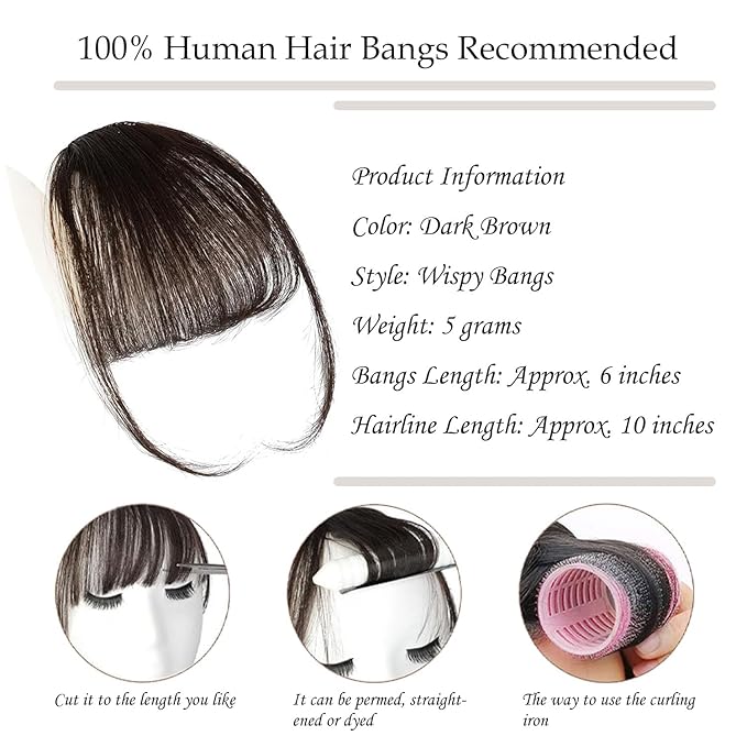 Clip-In Wispy Bangs with Temples -100% Human Hair Bangs Extension for Women, Natural Looking Front Hairpiece for Daily Wear, Dark Brown