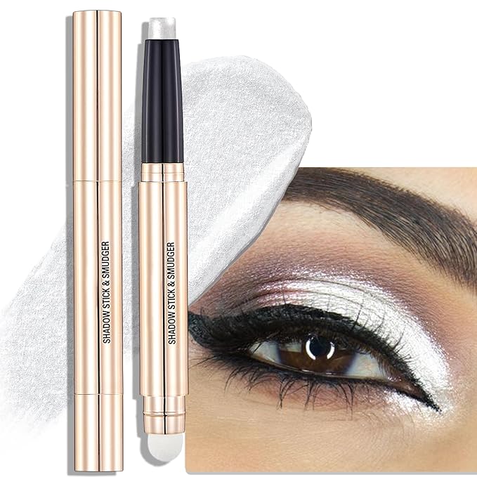 Pearl White Eyeshadow Stick - Dual-Ended Long-Lasting Shimmer Cream Eye Shadow Stick Crease-Proof Metallic Eyeshadow Pencil, Multi-Use Eye Highlighter Makeup with Built-in Smudger