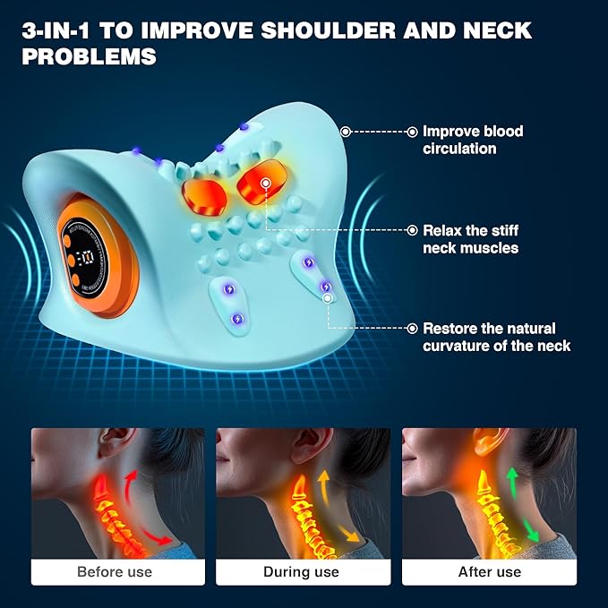 Neck Massager Pillow with Heat, 3 Modes, Cervical Massager for Neck Pain Relief and Muscle Relax, 26° Angle Cervical Traction Device for Back, Shoulder