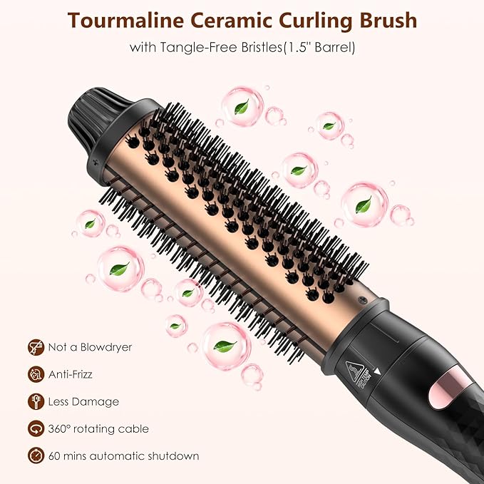 3-in-1 Thermal Brush for Blowout Look, 1.5 Inch Detachable Ion Ceramic Heated Round Brush for Hair Straightening and Curling Styler Tools, Makes Hair Smoother, Dual Voltage(Rose Gold)