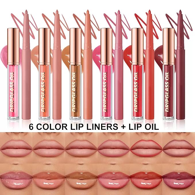 Dark Red Lip Gloss Lip Liner Set, Lip kit with Lip Oil Lip Liner, Lip Plumer Gloss lip liner Pencil Waterproof Long Lasting Smudgeproof (12# dark red)
