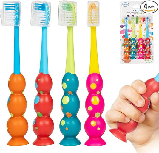 Toddler Toothbrush - Kids Toothbrush Soft Bristles with Suction Cup for Easy Storage, for Age 2-4 and Older, Pack of 4