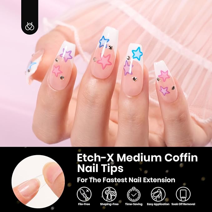 Beetles Gel Nail Tips Medium Coffin Etch X, 12 Sizes 288Pcs Pre Shaped Half Matte Full Cover Press On False Nails Tips Acrylic Fake Nail Extensions Kit Easy DIY Salon Manicure Gift for Women