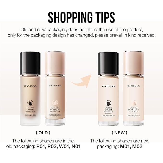 CARSLAN Lasting Cover Foundation, 24H Longlasting Full Coverage Matte Finish Face Makeup, Poreless, Lightweight, Waterproof, Oil Free Liquid Foundation, P01
