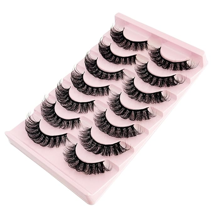 Short Lashes Natural Look D Curl 8-14mm Mink Eyelashes Fluffy that Look Like Extensions Strip False Volume Lash Pack Full 7 Pair Wispy Cat Eye Mega Double Stacked Thick Eyelash Small Fake Lashes