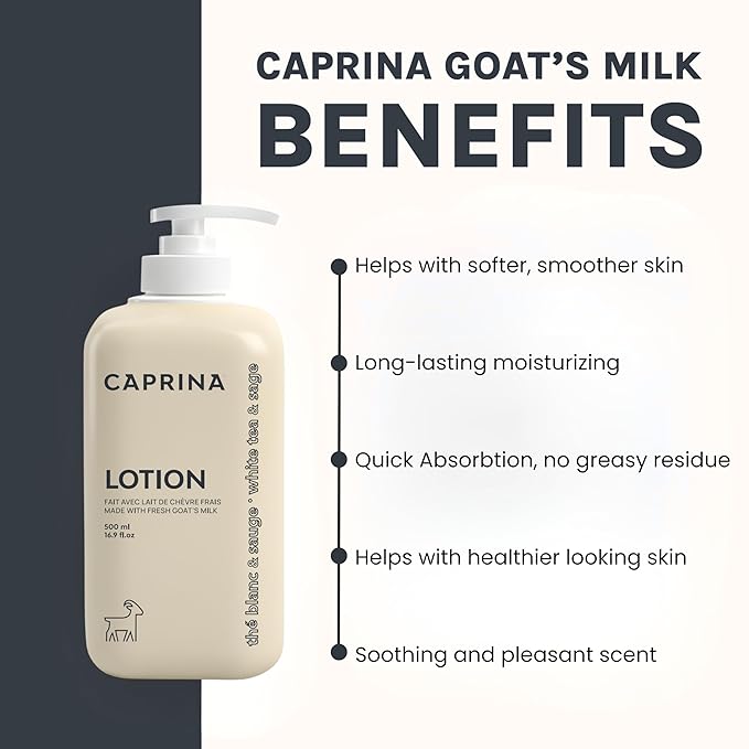Caprina Goat’s Milk Body Lotion, 500 ml (16.9 oz), WHITE TEA & SAGE, Refreshing Daily Moisturizer for Normal to Dry Skin