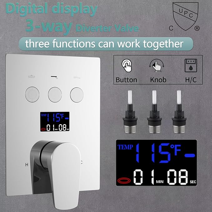 HONGTONGSOWER Bathroom Rainfall Shower System Wall Mount 8 Inch Shower Head With Handled Spray 6 Pcs jets Temperature Display Shower Faucet Set (Chrome)