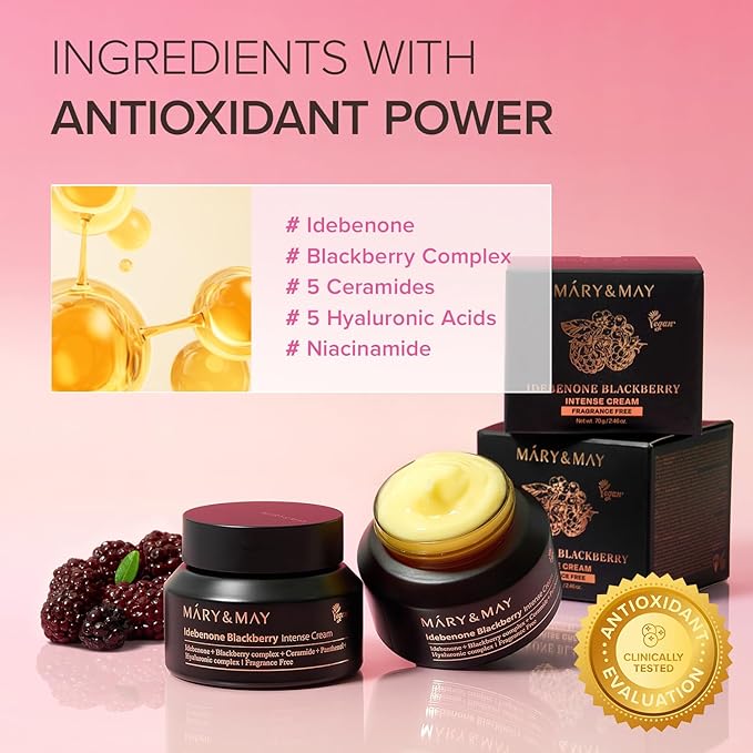 Mary&May Idebenone Blackberry Cream (4x Vitamin C Power) – Anti-Aging Moisturizer for Dry & Dull Skin, 63% Berry Complex & 5 Ceramides, 48H Hydration, Non-Greasy Korean Skincare, 2.46 oz
