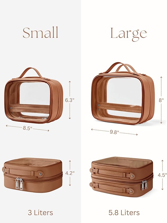 Oaque Clear Cosmetic Bag Double Layer Travel Toiletry Bag Clear Makeup Bag Case with 4 Compartments, Transparent Travel Bag for Toiletries, Large Toiletry Bag for Women Cosmetic Case (Brown, Large)