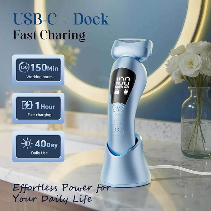 Cordless Electric Razors for Women: Rechargeable Painless Bikini Trimmer for Body Hair - IPX7 Waterproof Shaver with LED Display for Face/Underarm/Leg Deep Blue