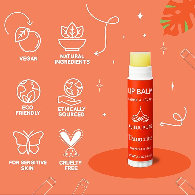 ALIDA PURE Tangerine Lip Balm, Vegan Set, Beeswax Free, with Organic Jojoba and Avocado Oil, Candelilla Wax, and Vitamin E, Natural Moisturizer For Dry, Chapped, or Cracked Lips, 3 Tube Set