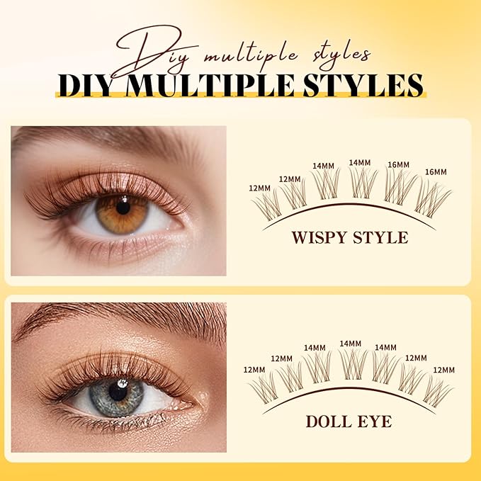 QUEWEL Brown-Lash-Clusters Kit, 120pcs Wispy-Lash-Clusters Kit Mix10-18mm Wispy Natural Invisible Band Eyelash Clusters Kit for DIY Cluster Eyelash Extensions(Brown Feather 4 Set)