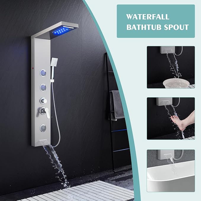 KINKIB LED Shower Panel Tower System, 6-in-1 Shower Tower with Rainfall Waterfall Shower Head, 2 Modes Powerful Body Jets, Handheld Shower and Tub Spout, Stainless Steel Shower Column, Brushed Finish