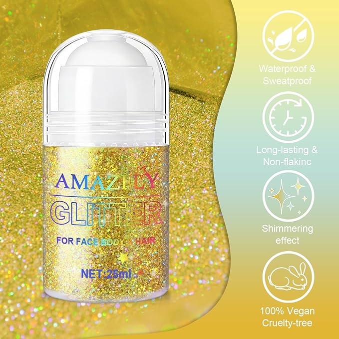 1PC Roll-on Holographic Body Glitter Gel for Body, Hair, Face, Chameleon Color Changing Glitter Gel Under Light, Chunky Mermaid Sequins Festival Party Rave Accessories Shimmer Makeup (Gold)