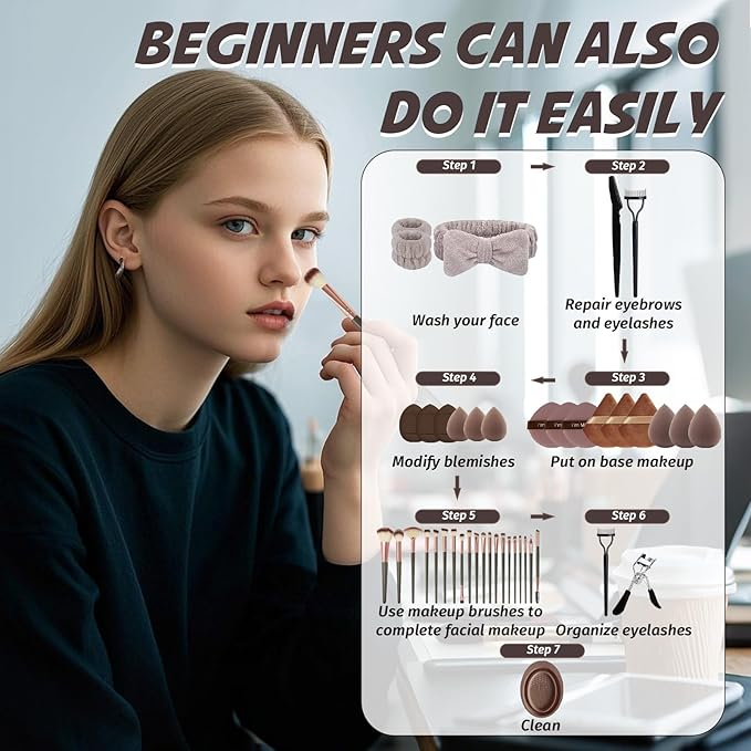 GZIXBDA Makeup Brush Set, 48Pcs Makeup Tool Set Premium Synthetic Foundation Concealers Powder Eye Shadows Makeup Brushes Kit for for Beginner Professional, Brown