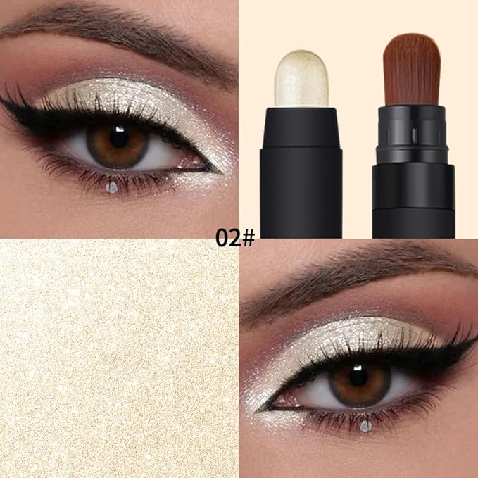 Shimmer Eyeshadow Stick –Champagne Beige Dual-Ended Creamy Pearl Eye Shadow Pencil with Built-In Smudger, Waterproof Long-Lasting High Pigment Eye Makeup for Smooth Glide 02#