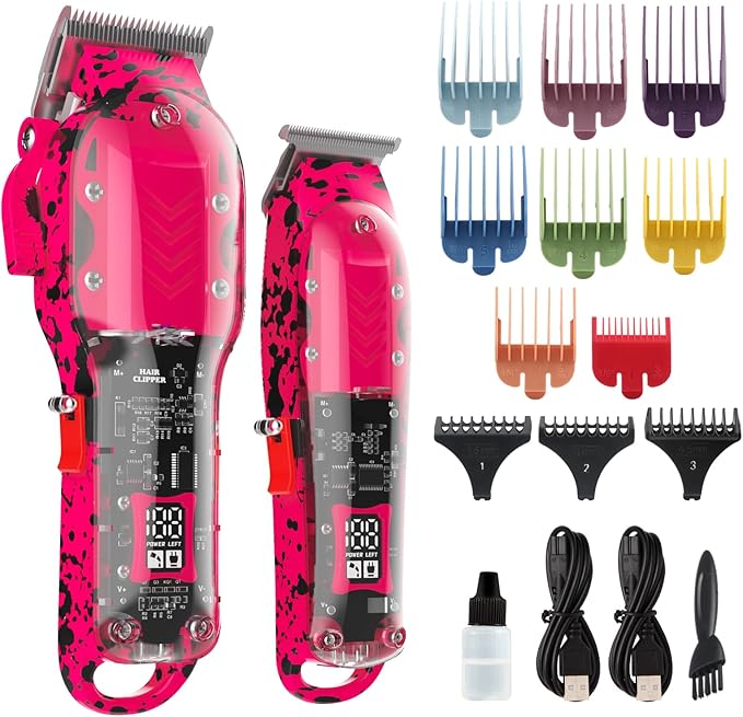Professional Hair Clippers for Men, Cordless Barber kit for Hair Cutting & Grooming, Hair Clippers and Trimmer Set for Barber Haircut with LED Display, 8 Fade Taper Combs(Pink Set)