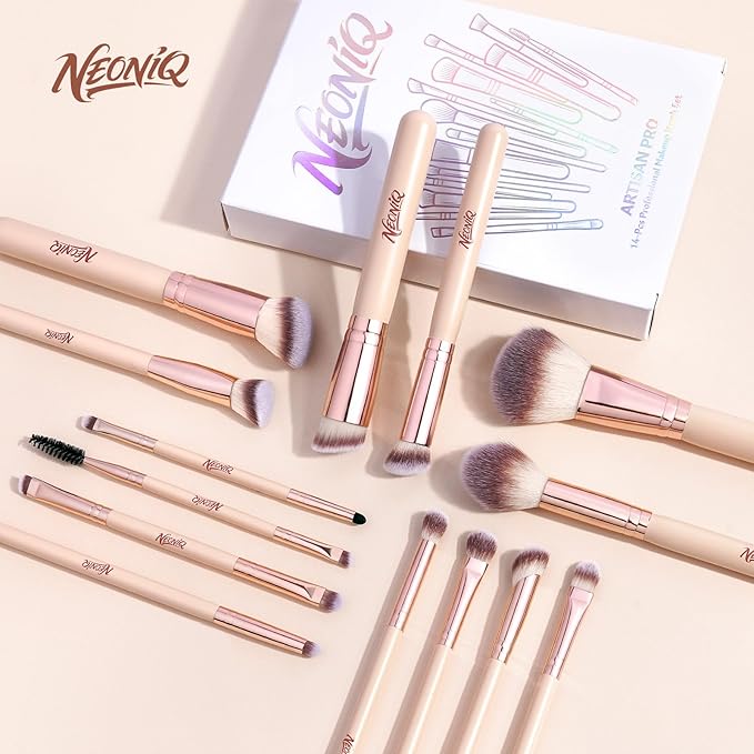NEONIQ 14 PCS Professional Makeup Brushes, Makeup Brush Set, Foundation Powder Blending Concealer Eyeshadows Blush Cosmetics Brushes,Versatile Face Make Up Tools For Liquid, Cream, Loose(Pink)
