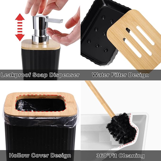 XLHOMO Bathroom Sets with Shower Curtain and Rugs,Black Bathroom Set with Bathroom Trash Can,Soap Dispenser,Toilet Brush,Toothbrush Set,Qtip Holders for Housewarming