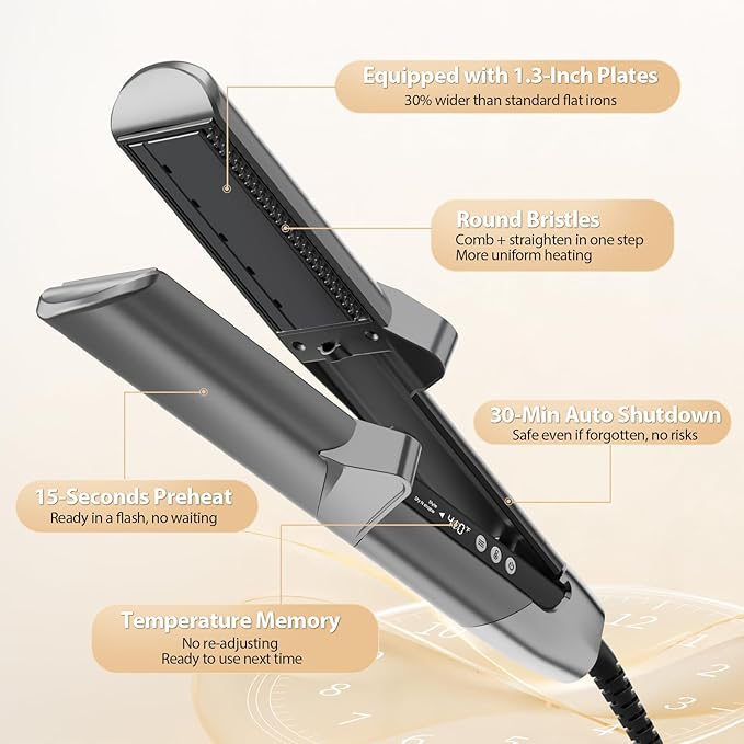 Quico Air Straightener, Ionic Wet to Dry Hair Straightener with High-Speed Airflow, 5 Temps & Dual Voltage 2-in-1 Flat Iron and Hair Blow Dryer Straightener, No Heat Damage, No Hot Plates, Black Grey