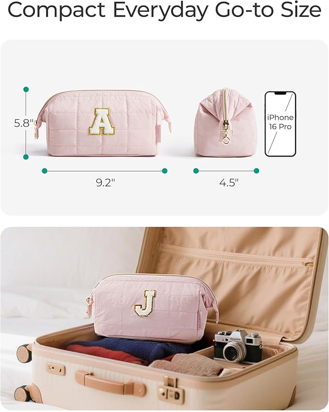 BAGSMART Birthday Gifts Personalized Initial Makeup Bag, Trendy Stuff Gifts for Women Bridesmaid Graduation, Puffy Padded Make Up Bags for Women, Wide-open Toiletry Bag, Pink M