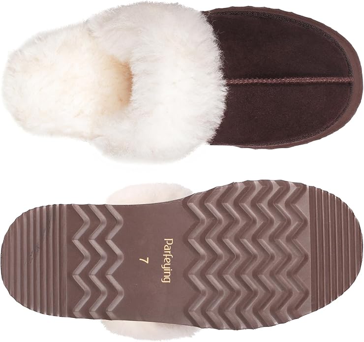Parfeying Women's Shearling Slippers Genuine Leather with Rubber Sole, Sheepskin Fuzzy Indoor Outdoor Shoes for Home