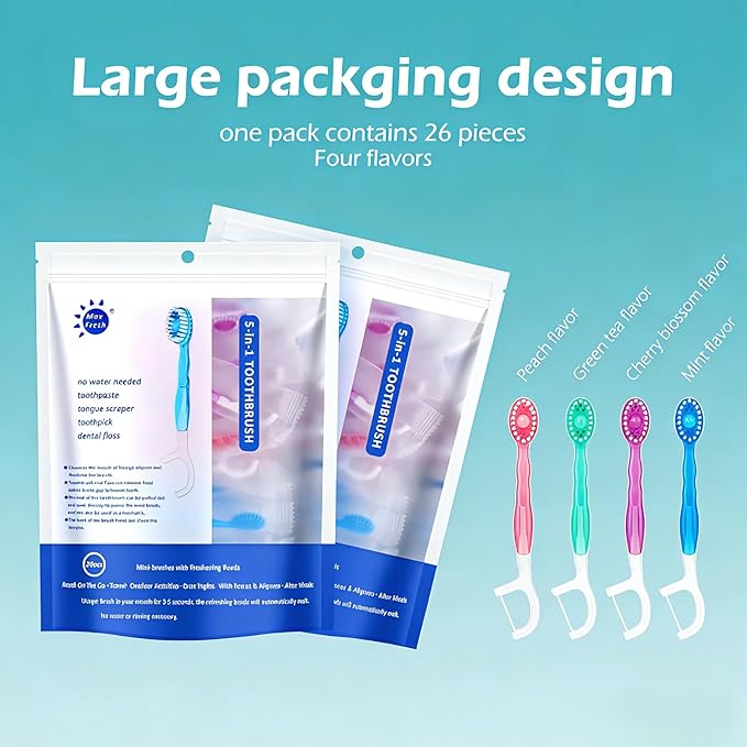 Disposable Travel Toothbrushes with Toothpaste, Individually Wrapped Mini Single Use Toothbrushes, No Water Needed Toothbrushes with Tongue Scraper for Travel, Hotel, Camping (26Packs)