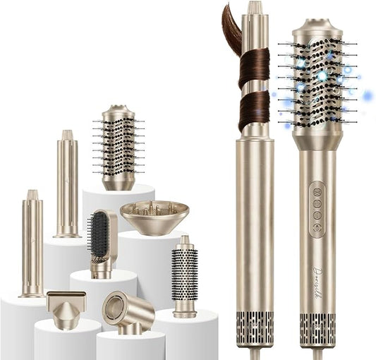 DORISILK 8 in 1 Hair Styler & Hair Dryer Brush Blow Dryer, 110,000 RPM High-Speed Hot Brush Styler and Auto Wrap Curlers, Ionic Smooth for Straightening Curling Volumizing Fast Drying, Champagne Gold