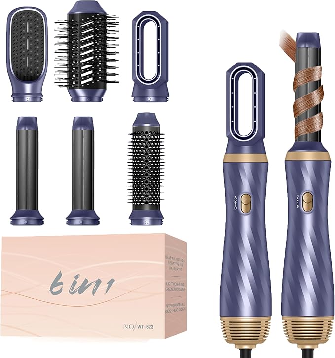 6 in 1 Hair Dryer Brush Set, Negative Ion Blow Dryer Brush Upgrade Hot Air Brush Air Styler Curling Wrap Air Curler, Curling Iron Hair Styling Tools As A Gift for Straight/Curl/Drying/Smoothing
