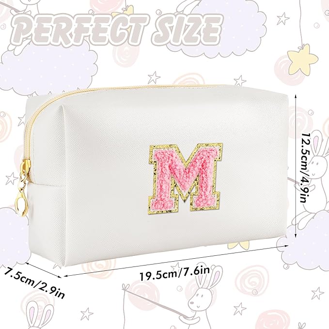 URSKYTOUS Initial Makeup Bag Personalized Preppy Travel Small Cosmetic Bag Cute PU White Chenille Letter Makeup Pouch for Purse Waterproof Zippered Toiletry Organizer for Women Girl Kid Friends (M)