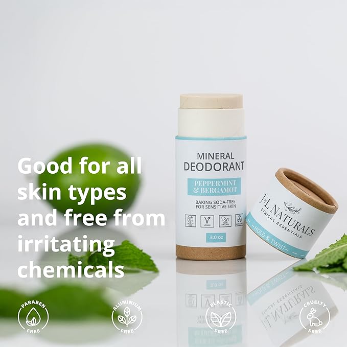J&L Naturals Mineral Deodorant | Baking Soda-Free, 100% Natural, Sustainable | Sensitive Deodorant For Women & Men | Aluminum Free, Vegan, Cruelty-Free (Peppermint & Bergamot, 3 Oz (Pack of 1))