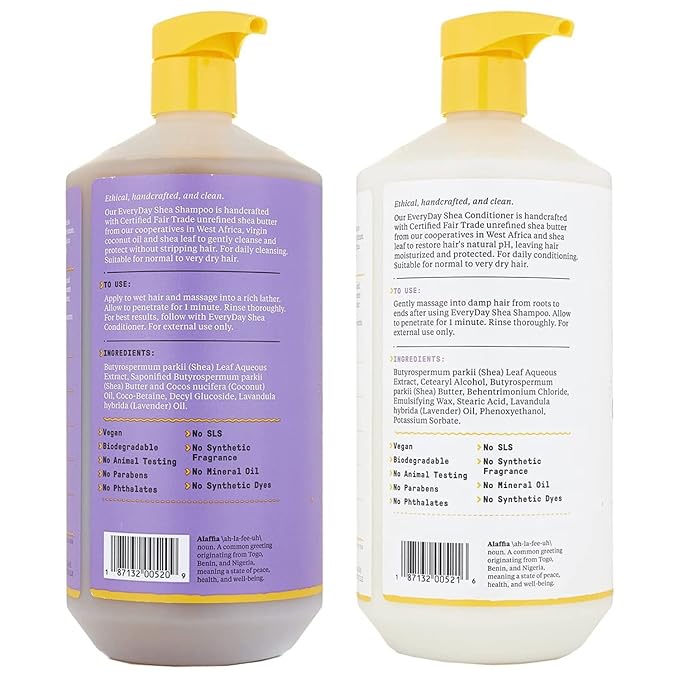 Alaffia EveryDay Shea Shampoo and Conditioner - Normal to Very Dry Hair, Cleans and Protects, Supports Balance pH for Luxurious Locks with Shea Butter and Coconut Oil, Lavender, 32 Oz Each
