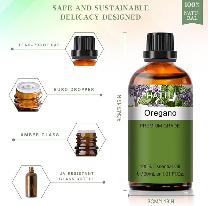 Oregano 1.01fl.oz Essential Oil, PHATOIL Pure Aromatherapy Oils for Diffuser, Humidifier, Perfect for DIY Soap, Candle, Bath Bombs Making(30ml)