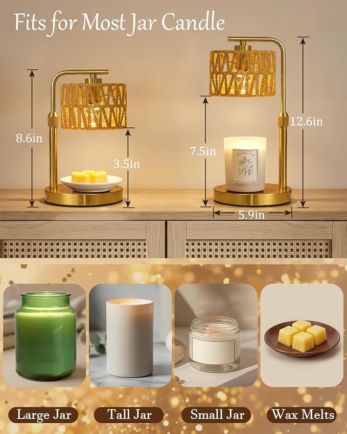 Candle Warmer Lamp with Timer, Dimmable Candle Warmer for Jar Candles, Height Adjustable Candle Lamp Warmer, Boho Rattan Lampshade and 2 Bulbs, Gift for Home Room Decor, Gifts for Women Mom (Gold)