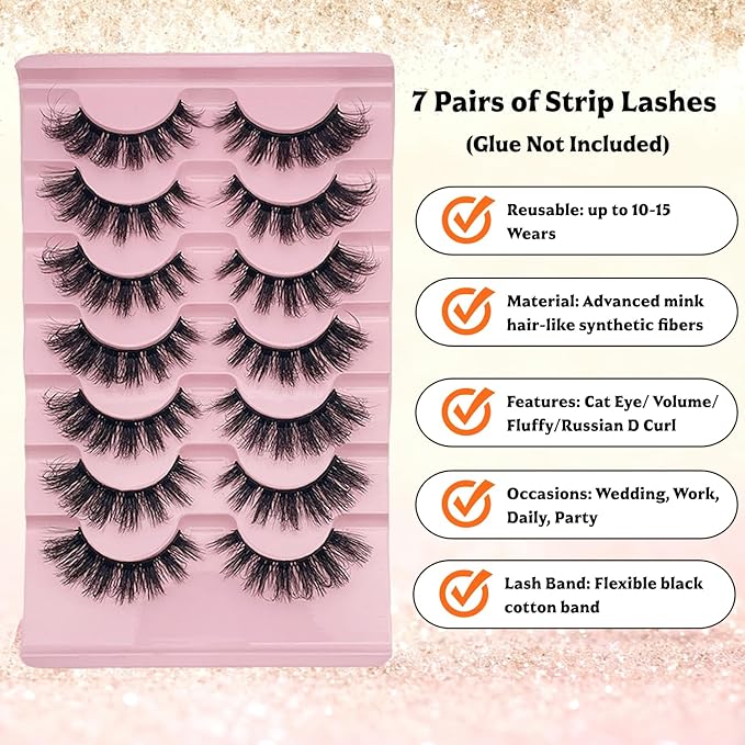 Eyelashes Wispy Lashes Strips - Russian D Curl Strip lashes, 3D Volume Mink Eyelash for Dramatic Look, 7-Pairs Fluffy False Eyelashes