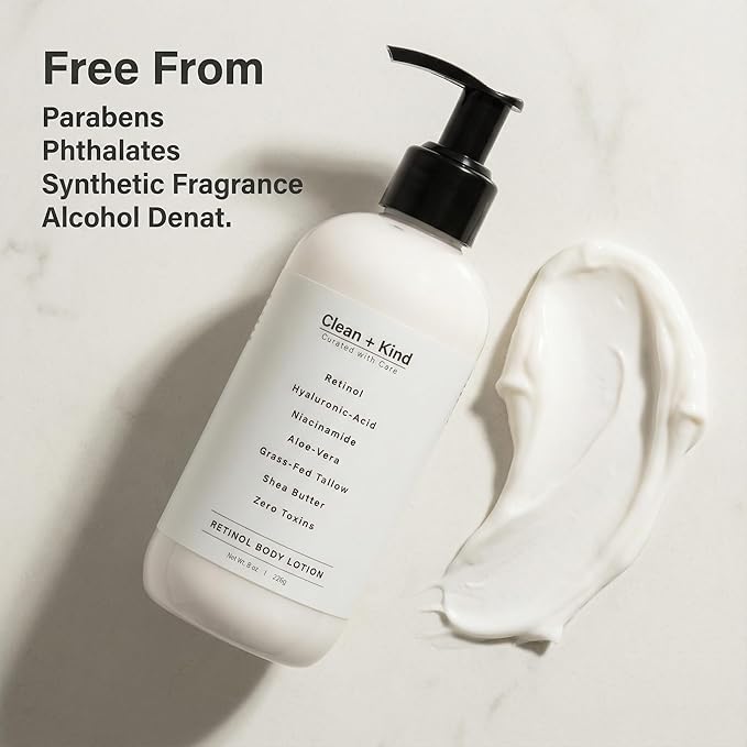 Clean + Kind Firming Retinol Body Lotion for Wrinkles & Crepey Skin – Anti-Aging Moisturizer with Hyaluronic Acid, Niacinamide, Aloe Vera, Shea Butter & Grass-Fed Tallow Skincare