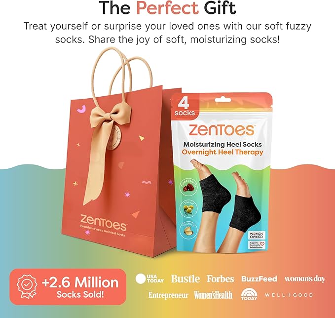 ZenToes Moisturizing Socks for Cracked Heel Treatment, Vitamin E, Olive Oil and Jojoba Oil Infused Heel Socks, Galentines Day Gifts, Self Care Gifts for Women (Fuzzy Black, Regular)