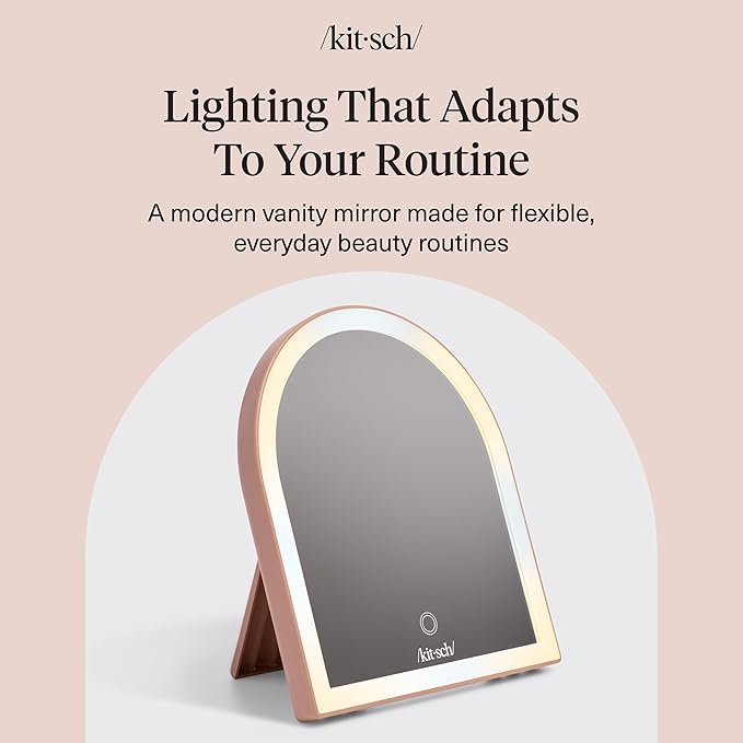 Kitsch Arch Desk Vanity Mirror with Lights, LED Makeup Surface, Touch Sensor Dimmable Warm Neutral Cool Glow, Rechargeable Desk Mirror with Kickstand for Travel - Terracotta