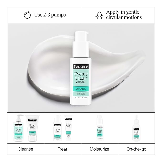 Neutrogena Evenly Clear Acne Gel Moisturizer with Salicylic Acid & N-Acetyl Glucosamine, Lightweight Non-Greasy Face Moisturizer Helps Treat Breakouts & Visibly Fade the look of Post-Acne, 1.7 fl. oz