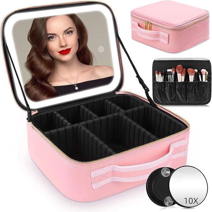 RRtide Makeup Bag with Mirror of LED Lighted, Travel Makeup Train Case Cosmetic Bag Organizer with Mirror and Lights, Make up Bag with Light up Mirror Adjustable Divider Brush Board